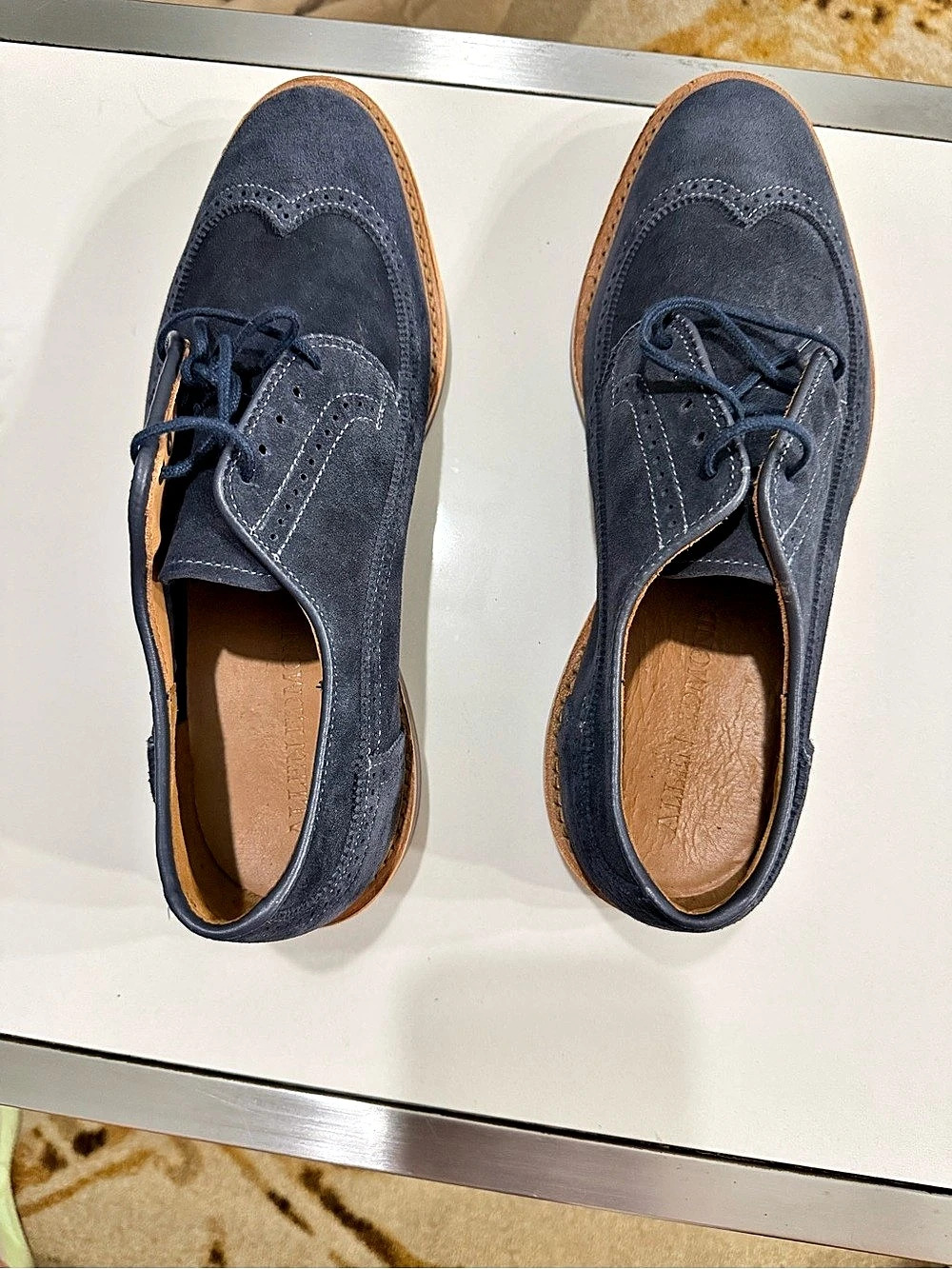 New Allen Edmonds "WINSTONMOK" Men's Leather Wingtip Derby 9D Navy Suede
